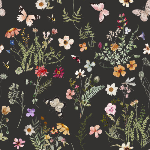 Hip Kid Design - Wren's Wildflower Garden and Butterflies on Charcoal Black