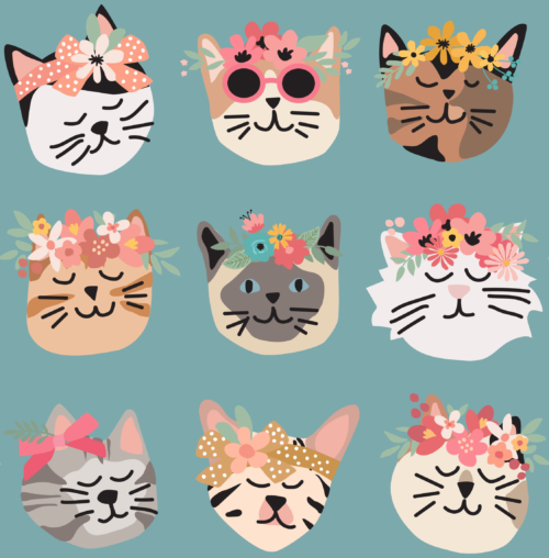 Hey Cute Design - Flower Cats Teal 15 In Repeat