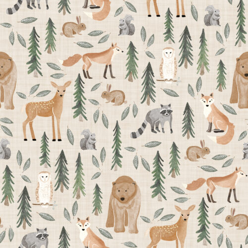 forest woodland animals beige linen