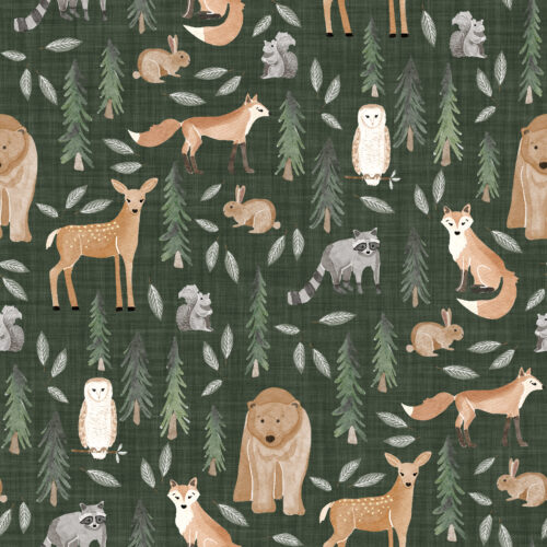 forest woodland animals dark green linen