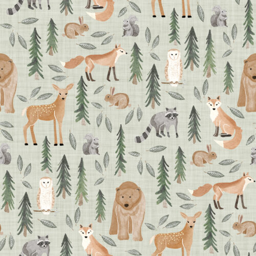 forest woodland animals light green linen