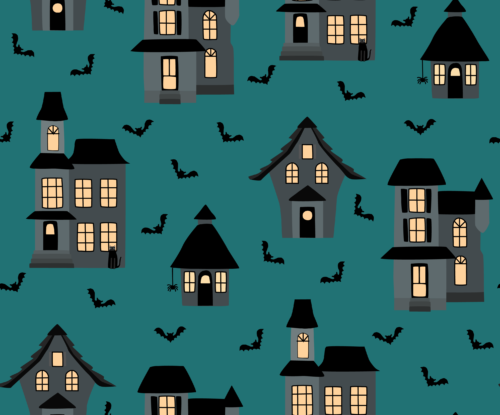 Hey Cute Design - Haunted House On Teal 20 In Repeat