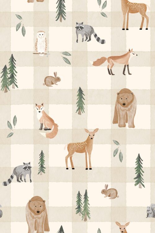 woodland animal friends gingham beige