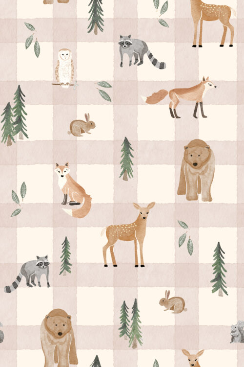 woodland animal friends gingham blush pink